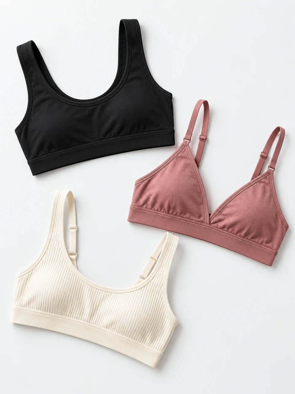 Soft bras and bralettes with different necklines and strap configurations