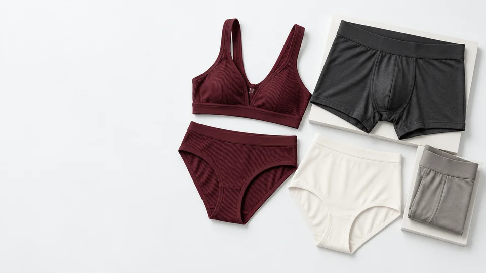 Unbranded bralette, briefs and boxer briefs presented as a coordinated burgundy, ivory and charcoal collection