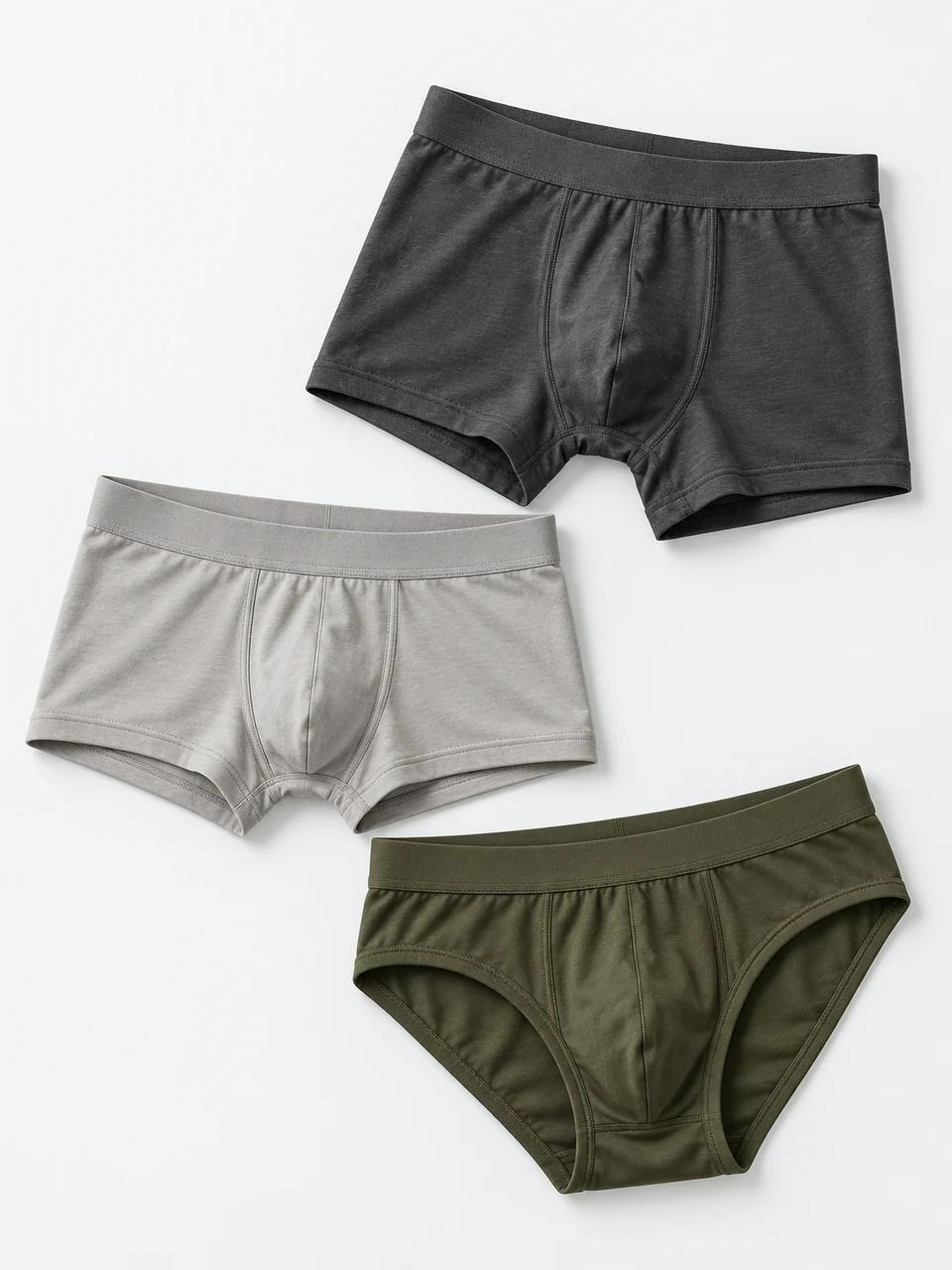 Men’s boxer briefs, trunks and briefs presented in charcoal, stone and olive